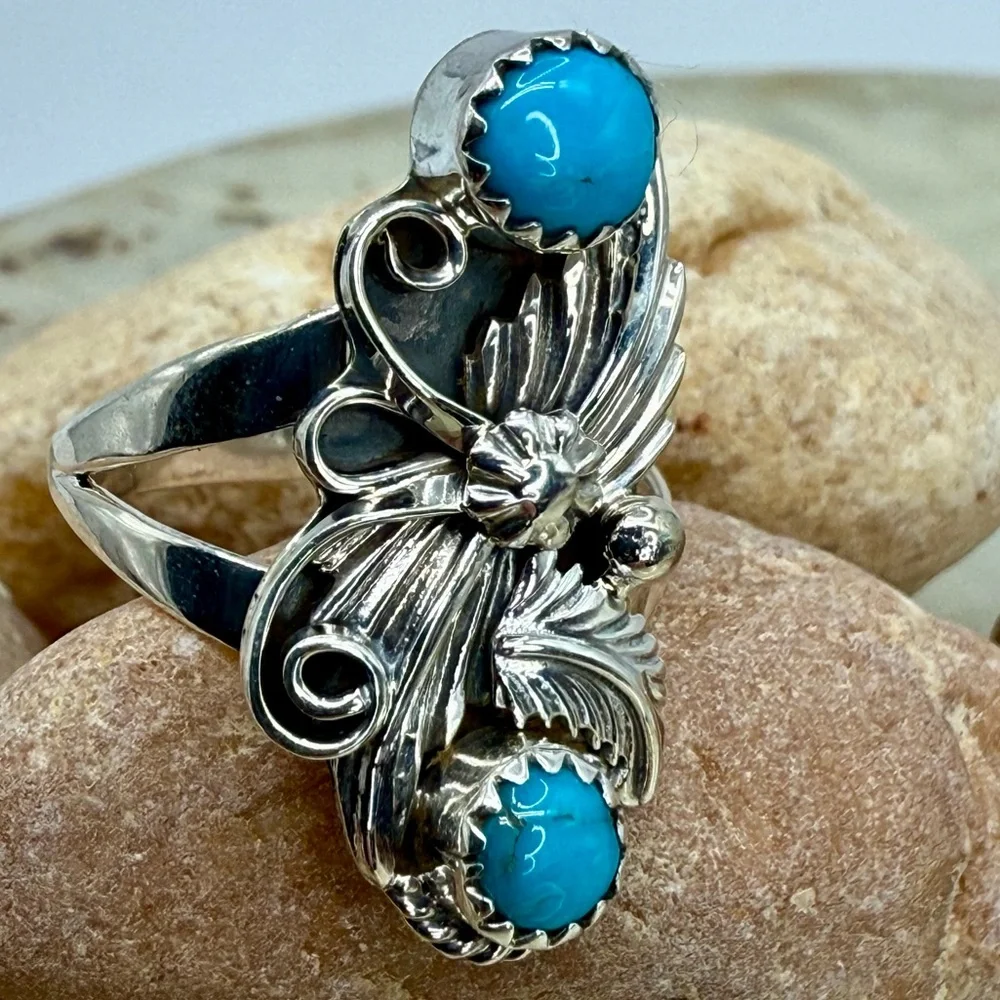 Native American Sterling Silver Double Turquoise Leaf & Flower Ring Mark Barney